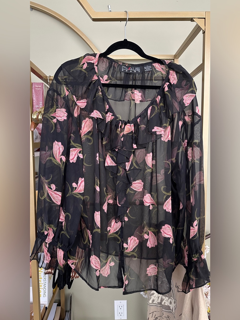 Chaus Black Sheer Blouse with Pink Floral Ruffles